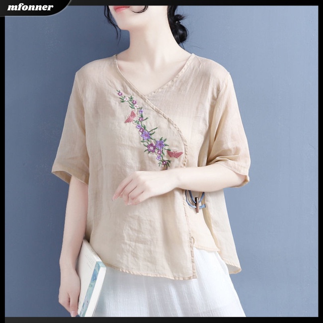 Áo Thun Cotton Lanh Tay Ngắn Dáng Rộng Thêu Hoa Kiểu Retro Thời Trang Mùa Hè Cho Bạn Gái