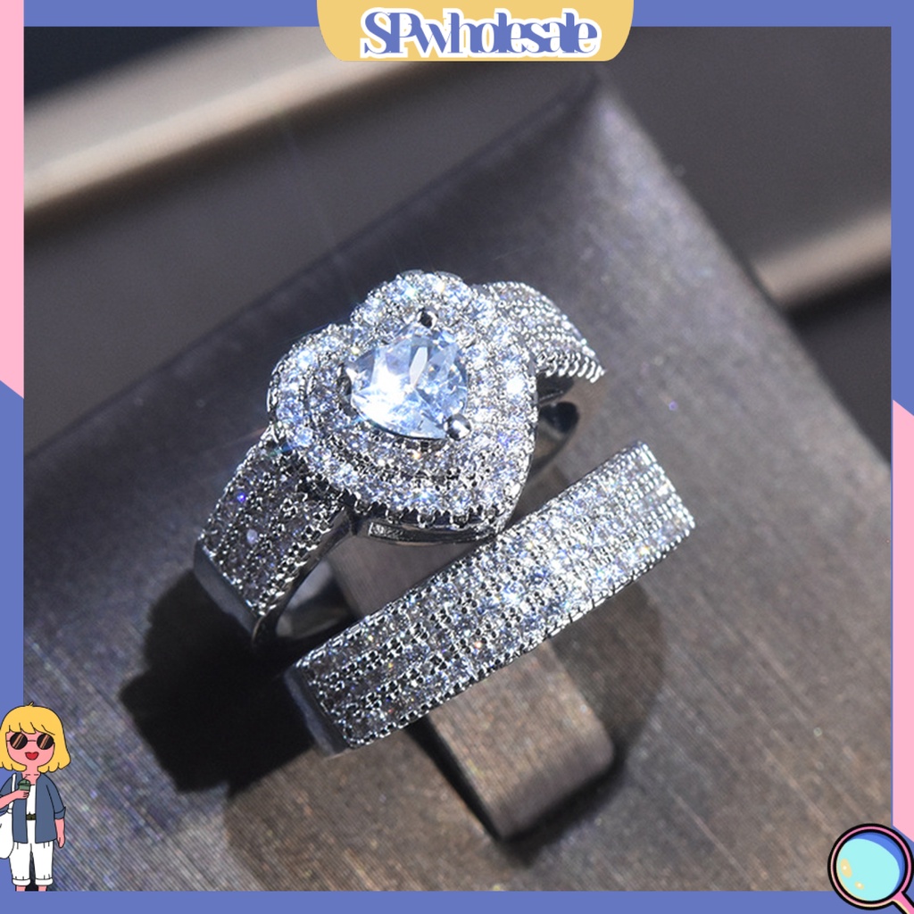 <SPwholesale> Bộ 2 Nhẫn Đính Đá Hình Trái Tim Sang Trọng Cho Cô Dâu