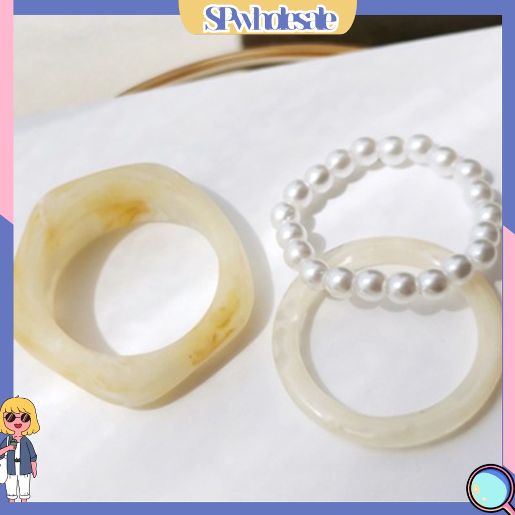 <SPwholesale> Bộ 3 Nhẫn Đính Ngọc Trai Nhân Tạo Thời Trang Dành Cho Nữ