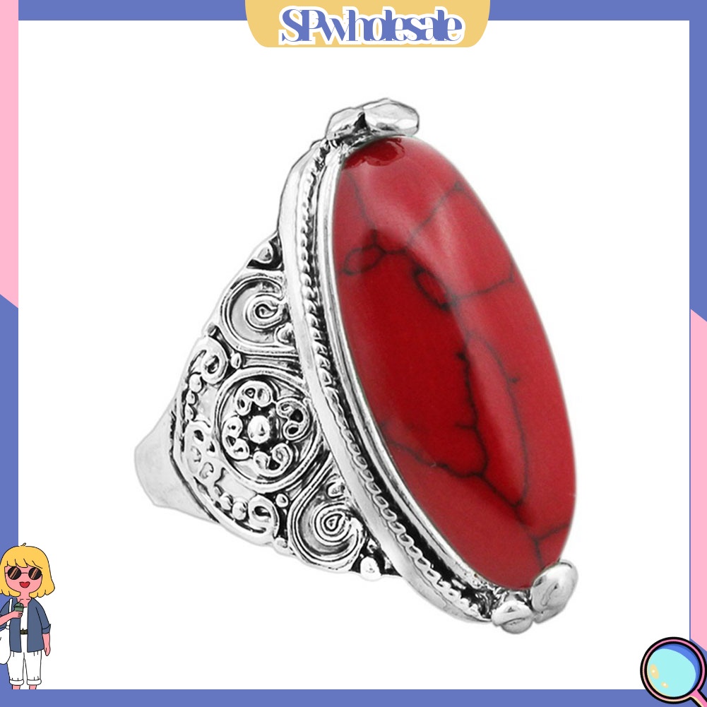 &lt;SPwholesale&gt; Nhẫn Mạ Bạc Đính Đá Ngọc Lam Hình Oval Phong Cách Boho Cổ Điển Dành Cho Nữ