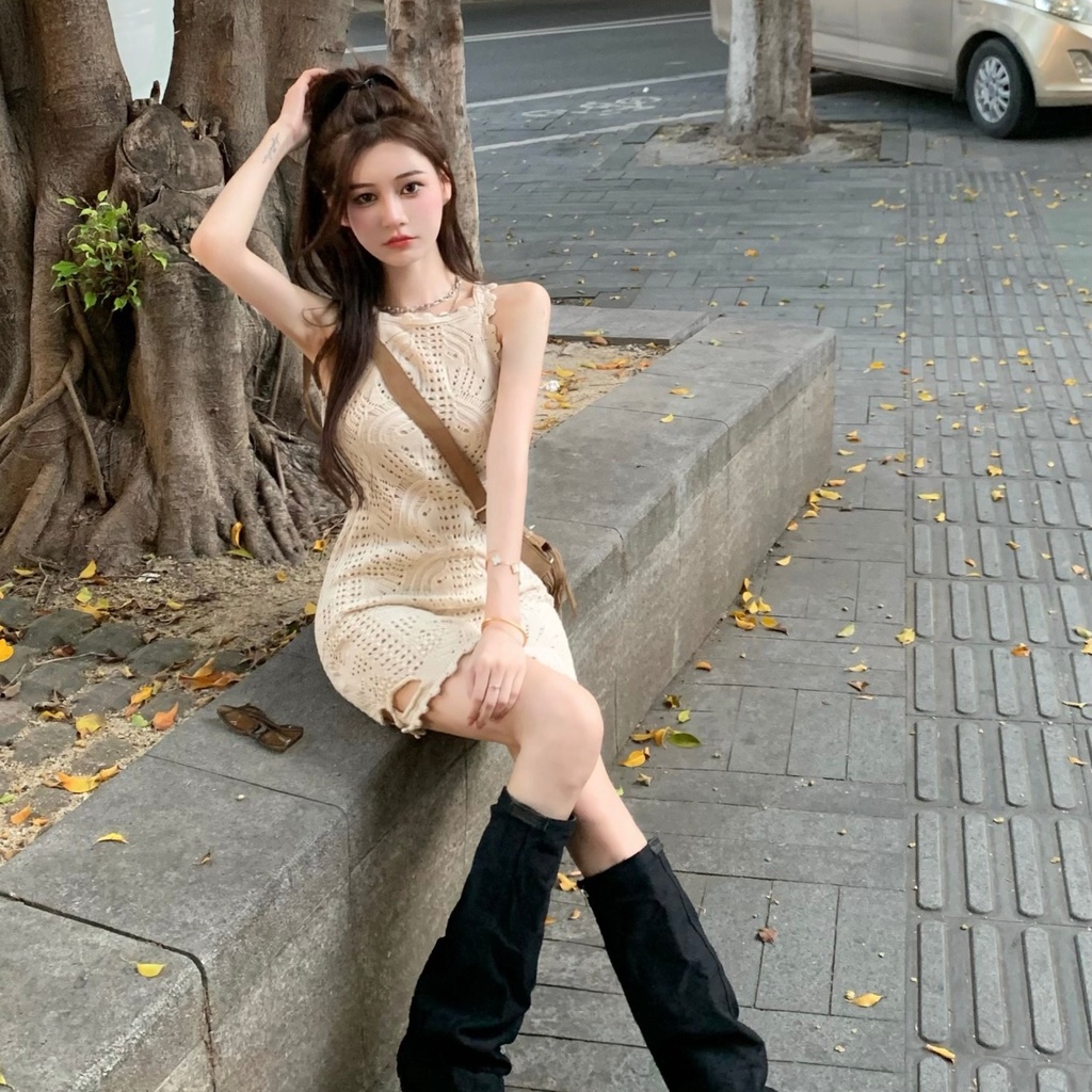 Đầm Hai Dây Dệt Kim Ôm Dáng Thiết Kế Rỗng Gợi Cảm Cho Nữ
