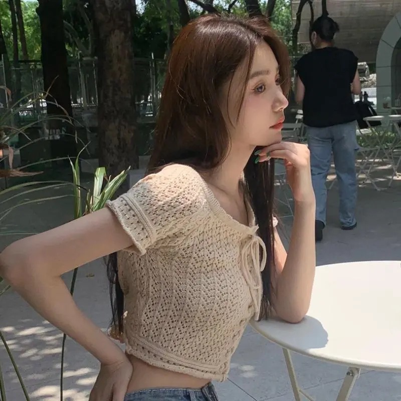 Aès Áo Dệt kim Mỏng áo thun nữ croptop Phong cách hàn quốc TXS16Z23041313