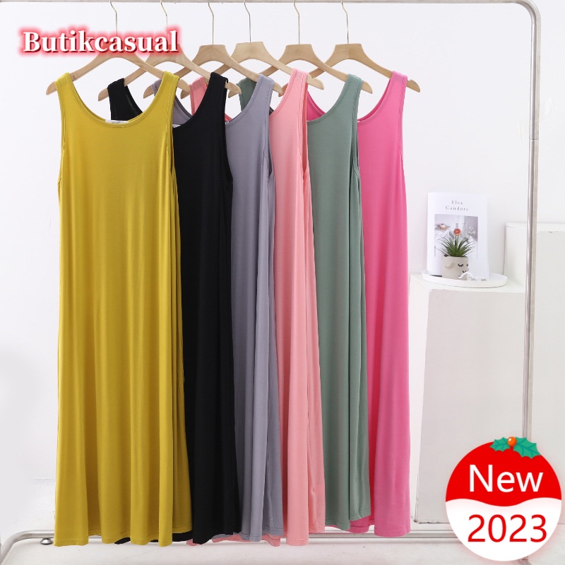 Đầm maxi Cotton Dáng Chữ A Không Tay Cổ Tròn Màu Trơn Thời Trang Mùa Hè Cho Nữ 80-95kg