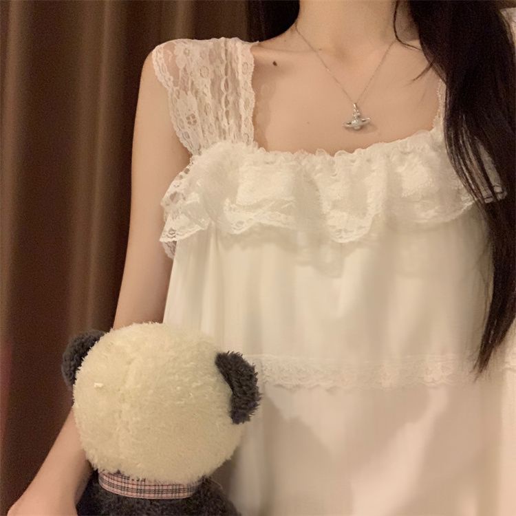 Bộ Đồ Ngủ Hai Dây Phối Ren Màu Trơn Ngọt Ngào Dễ Thương Thời Trang Mùa Hè Cho Bạn Gái