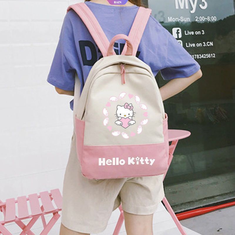 Ba Lô Vải Canvas Sức Chứa Lớn Có Khóa Kéo In Họa Tiết Hoạt Hình Sanrio Hello Kitty Phong Cách Harajuku Nhật Bản Cho Nữ