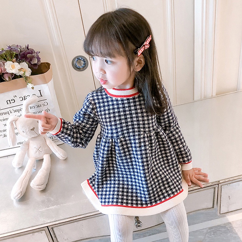 Đầm sweater Dệt Kim Tay Dài Kẻ Sọc Thời Trang Mùa Thu Cho Bé Gái