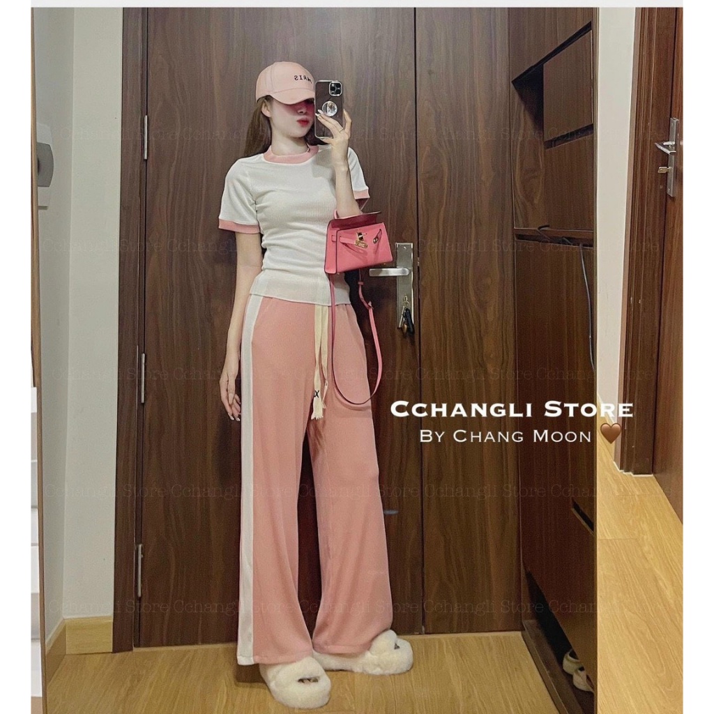Sét Bộ Thun Gân Áo Croptop Cổ Tròn Ngắn Tay Kiềm Viền Màu Kết Hợp Quần Thun Dài Lengging TTSA2075