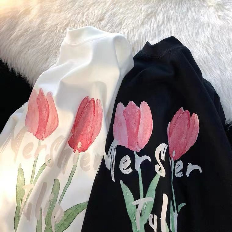 Áo Thun Tay Ngắn In Hình Hoa Tulip Năm Mới Phong Cách Nhật Bản Dành Cho Nữ