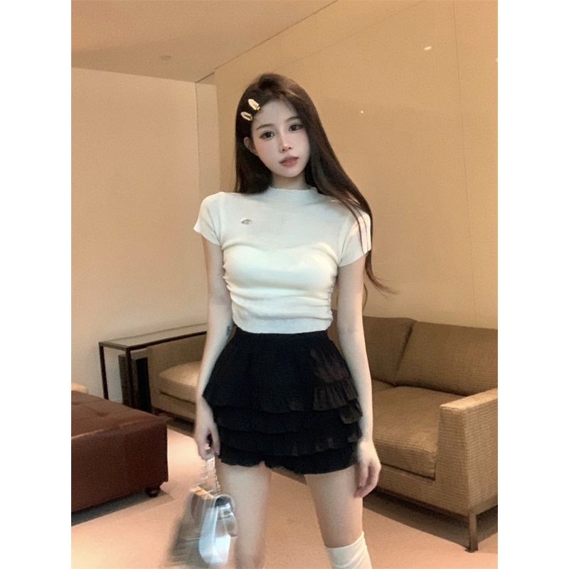 Bộ Áo Dệt Kim Ngắn Tay Ôm Dáng + Chân Váy Xếp Tầng Xinh Xắn Dành Cho Nữ