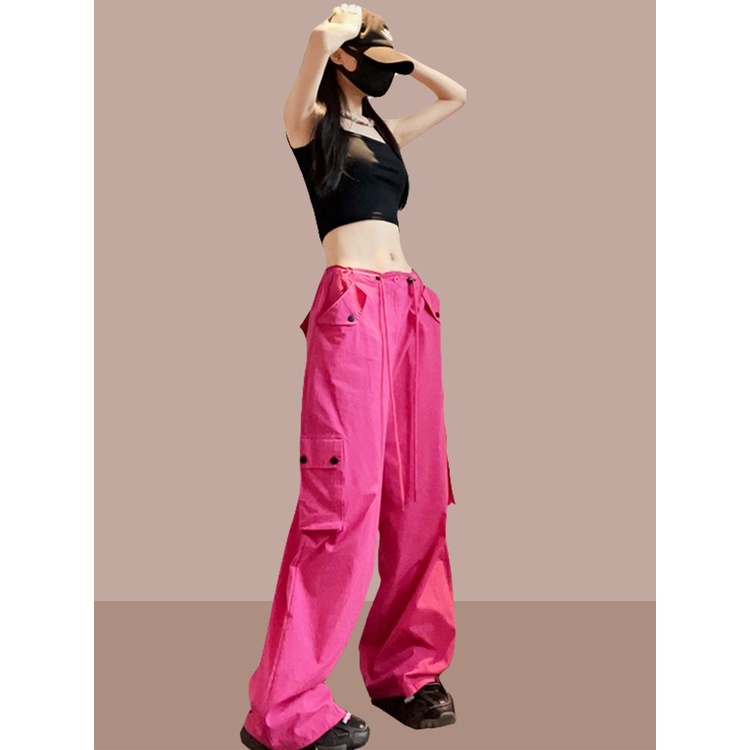 Quần Yếm Ống Rộng Lưng Cao Màu Đỏ Hồng Thời Trang Mùa Hè Cho Nữ