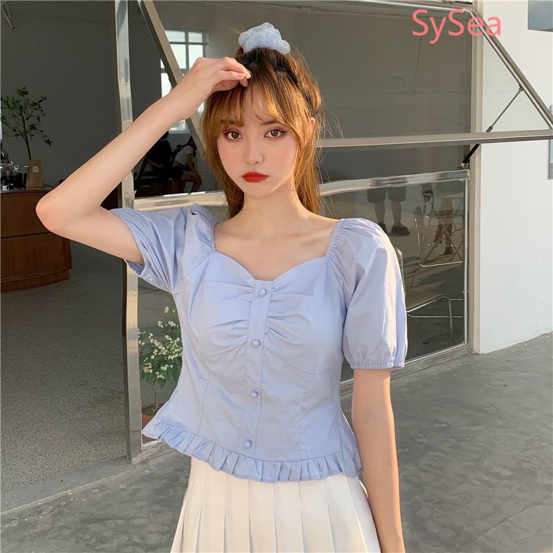 Áo Kiểu Tay Phồng Cổ Vuông Phong Cách Retro Pháp Cho Nữ