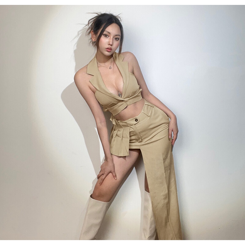 Kliou Bộ Áo Croptop Hai Dây Cổ Chữ V + Chân Váy Xếp Ly Bất Đối Xứng Thời Trang Mới 2023