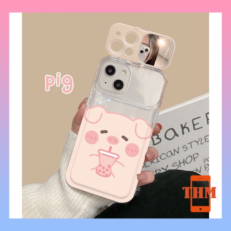 Ốp Lưng iPhone Camera lợn dễ thương, giá đỡ gương, vỏ mềm trong suốt silica gel Cho Iphone 6 / 6S / 6splus / se / 7 / 7plus / 8 / 8plus / X / xs / xsmax / 11 / 12 / 13 / 14 / Plus / Pro / Pro Max-8011