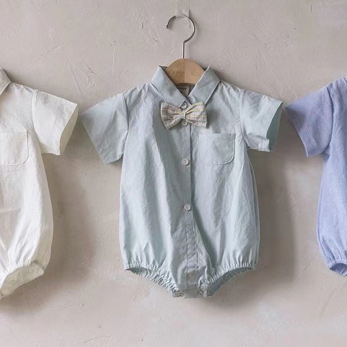 Bộ Áo Liền Quần Sơ Mi Màu Trơn Cổ Bẻ Đính Nơ Thời Trang Mùa Hè Xinh Xắn Cho Bé Trai Và Gái 4OWS