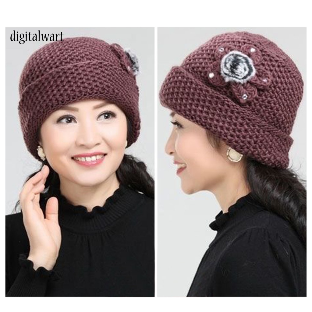 Kỹ Thuật Số| Mũ Beanie Dệt Kim Lót Lông Dày Dặn Màu Trơn Đính Đá Lấp Lánh Thời Trang Đường Phố