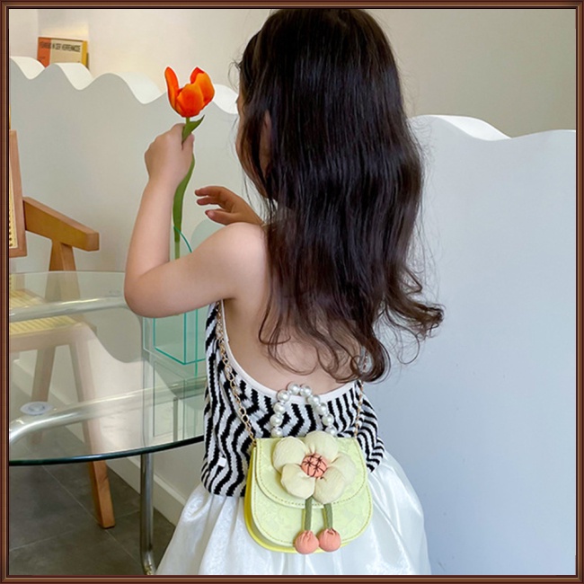 Túi Xách Da Pu Đeo Chéo Phối Ren Hoa Đính Ngọc Trai Thời Trang Cho Bé Gái