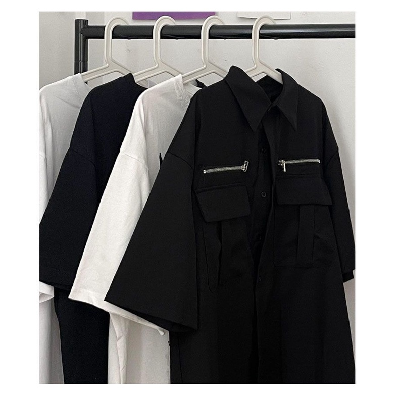 Áo Sơ Mi Tay Lửng Nhiều Túi Phong Cách Mỹ Cổ Điển Thời Trang Mùa Hè Dành Cho Nam Nữ