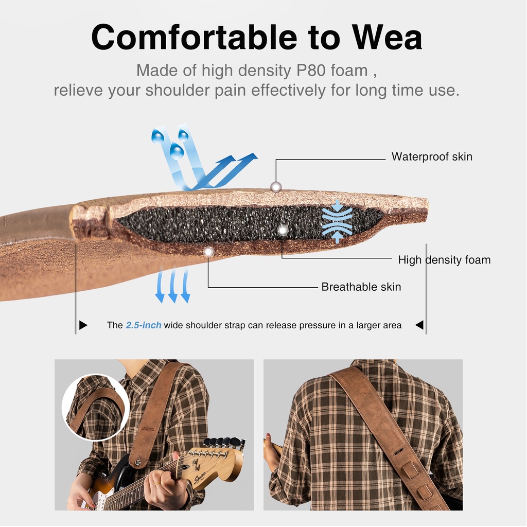 Dây đeo đàn guitar LEKATO 2.5" bằng da dày 41"-51" cho đàn guitar điện/ bass/ acoustic