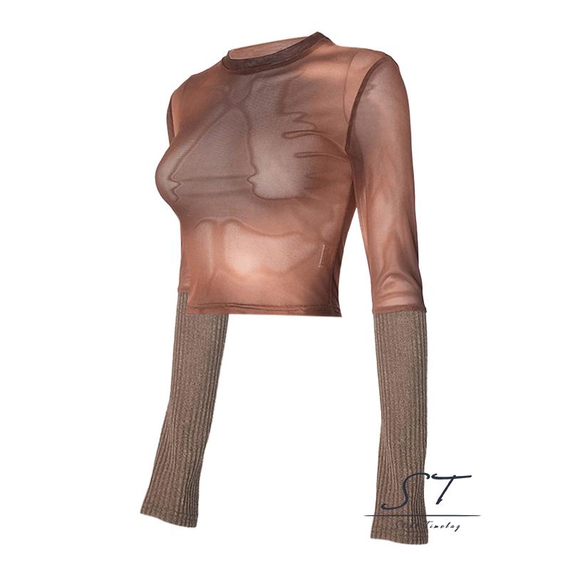 Áo Croptop Dệt Kim Tay Dài Cổ Tròn In Màu Nhuộm Thời Trang Cho Nữ CY03