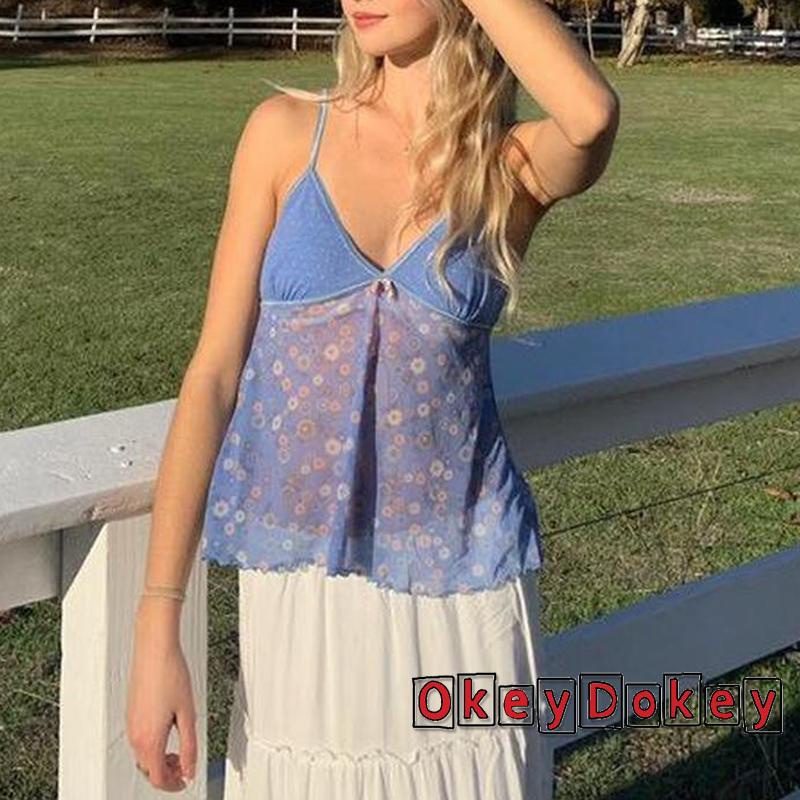 Áo Crop Top Y2K Hở Lưng Cổ Chữ V In Họa Tiết Hoa Mùa Hè Cho Nữ