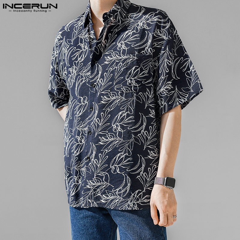 INCERUN Áo Sơ Mi Tay Ngắn Dáng Rộng Thời Trang Đi Biển Trẻ Trung Cho Nam