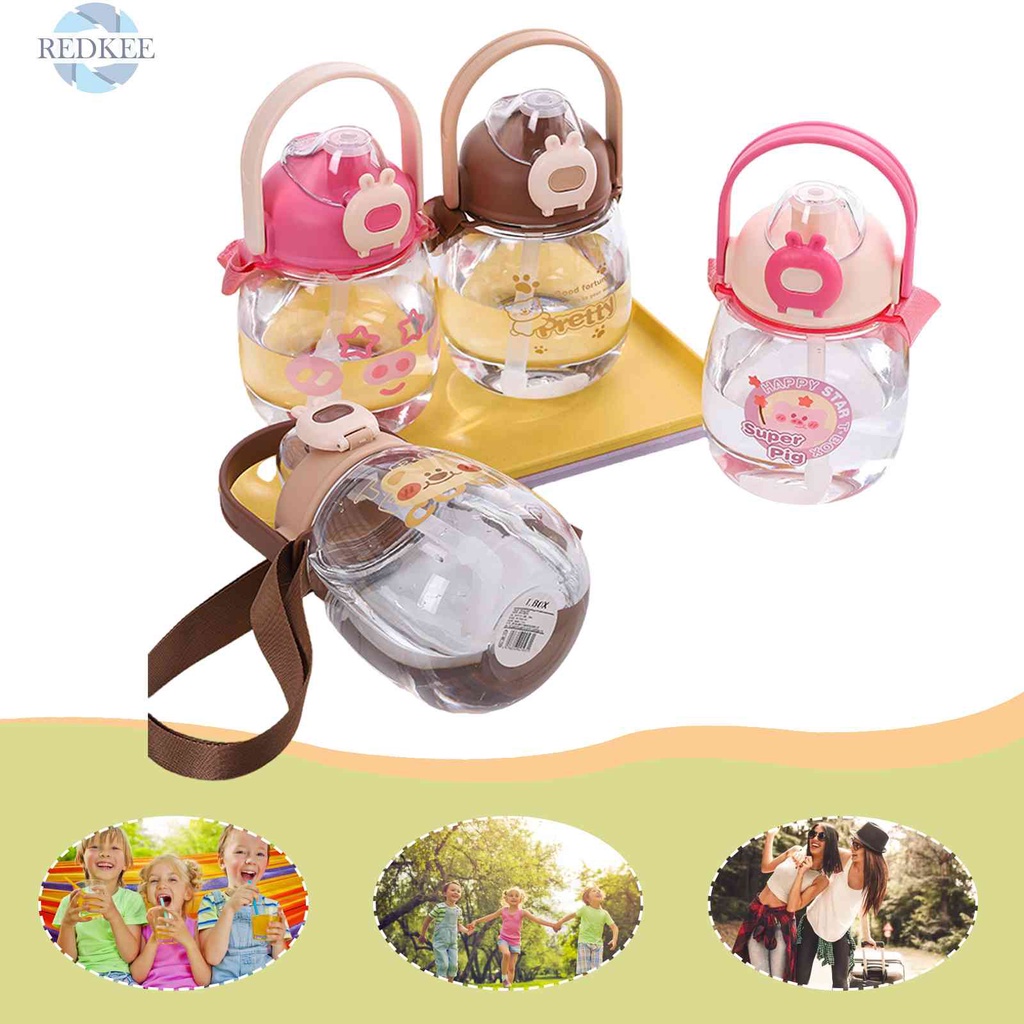 Bình Nước Nhựa 1000ml Có Ống Hút Họa Tiết Hoạt Hình Màu Sắc Ngẫu Nhiên