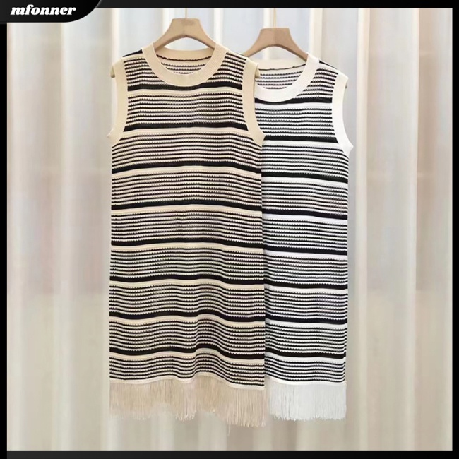 Đầm Dệt Kim Sát Nách Dáng Rộng Cổ Tròn Viền Tua Rua Màu Sắc Tương Phản Thời Trang Mùa Hè Cho Nữ