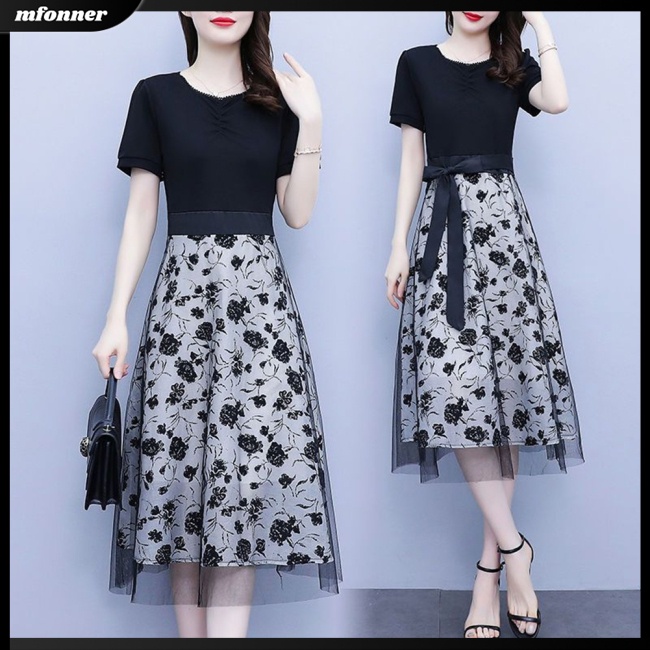 Đầm Midi Tay Ngắn Cổ Tròn Cột Dây Thanh Lịch Thời Trang Mùa Hè Cho Nữ