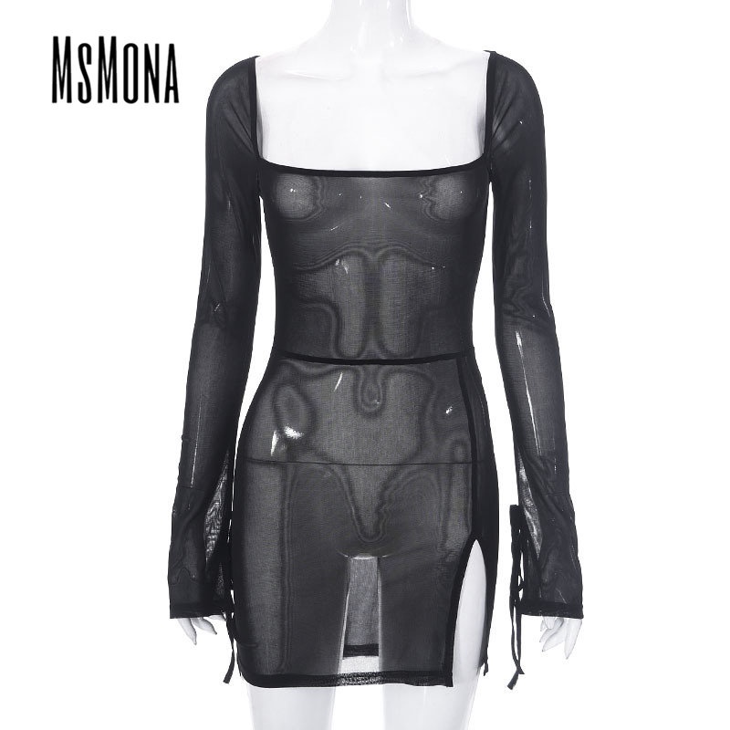 Đầm Tay Dài Cổ Vuông Phối Lưới Xuyên Thấu Màu Trơn Thời Trang 2023 Quyến Rũ Cho Nữ