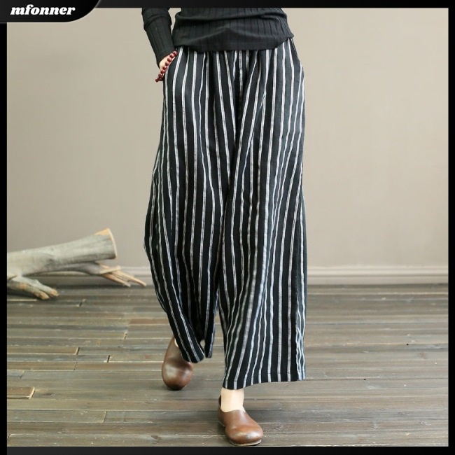 Quần Cotton Lanh Ống Rộng Thoáng Khí Họa Tiết Kẻ Sọc Hợp Thời Trang Cho Nữ