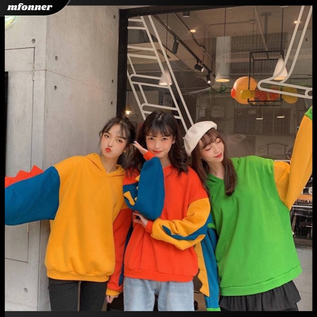 Áo Hoodie Tay Dài Dáng Rộng In Hình Khủng Long Phối Màu Tương Phản Thời Trang Cho Nữ