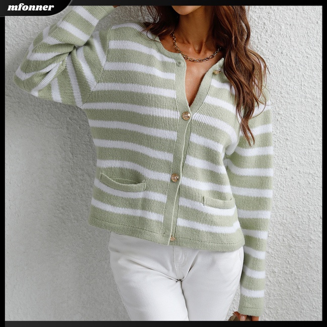 Áo Cardigan Dệt Kim Tay Dài Dáng Rộng Họa Tiết Kẻ Sọc Thời Trang Cho Nữ