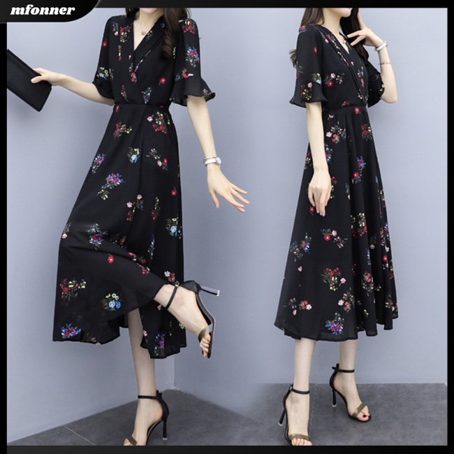 Đầm Chiffon Dài Đến Đầu Gối Tay Ngắn in Họa Tiết Hoa Thời Trang Mùa Hè Xinh Xắn Cho Nữ