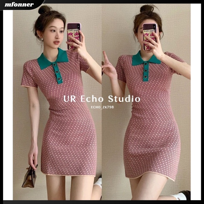 Đầm Dệt Kim Tay Ngắn Dáng Chữ A Màu Sắc Tương Phản Phong Cách Cổ Điển Thời Trang Cho Nữ