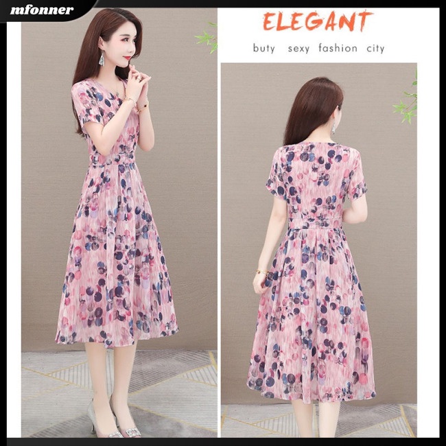Đầm Midi Chữ A Tay Ngắn Cổ Chữ V Vải Lụa Lạnh In Hoa Thời Trang Mùa Hè Cho Bạn Gái