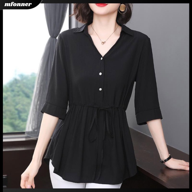 Áo Sơ Mi Cotton Tay Lửng Cổ Chữ V Màu Sắc Đơn Giản Dành Cho Nữ