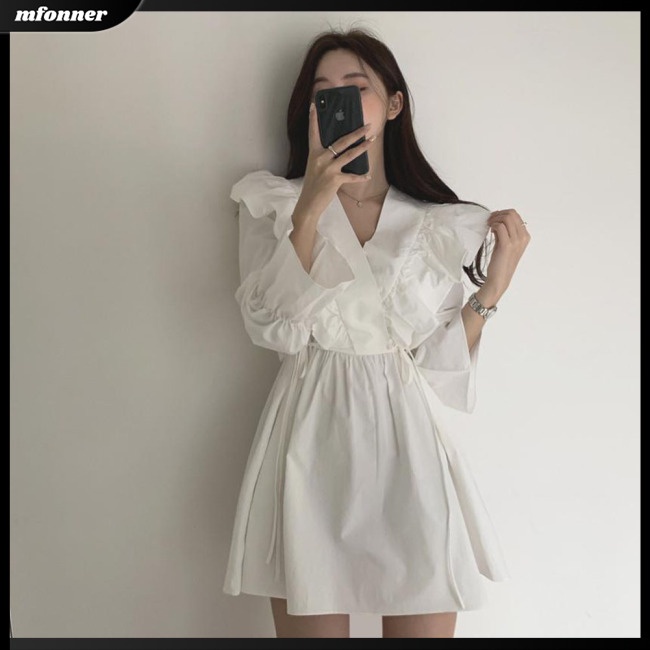 Đầm Tay Ngắn Cổ Chữ V Màu Sắc Thời Trang Cho Nữ