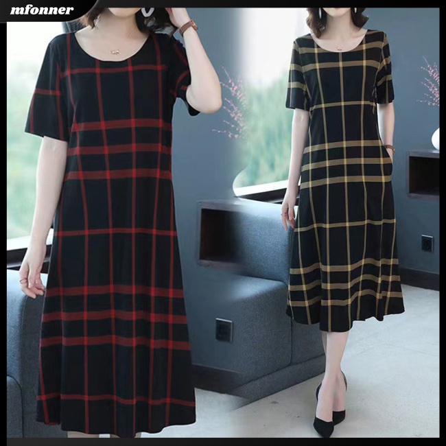 Đầm Nữ Tay Ngắn Cổ Tròn Dáng Chữ A Họa Tiết Caro Thời Trang Cá Tính