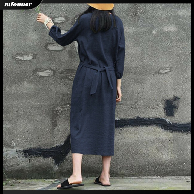 Đầm Midi Cotton Tay Dài Cổ Tròn Thắt Dây Eo Màu Sắc Trơn Phong Cách Nhật Bản Dành Cho Nữ