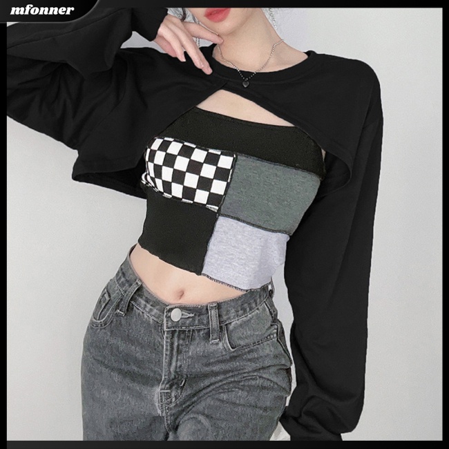 Set Đồ 2 Món Gồm Áo Sơ Mi Tay Dài Dáng Rộng Kẻ Caro Màu Tương Phản + Áo Hai Dây Thời Trang Cho Nữ