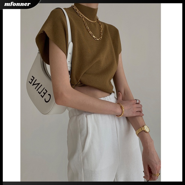 Áo Dệt Kim Nữ Ngắn Tay Cổ Cao Dáng Rộng Màu Sắc Thanh Lịch