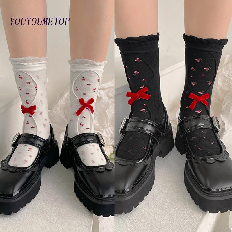 Youyo Vớ Lưới Hai Lớp Rỗng In Hoa Khoét Rỗng Viền Bèo Nhún Phong Cách Lolita Nhật Bản Ngọt Ngào Cho Nữ