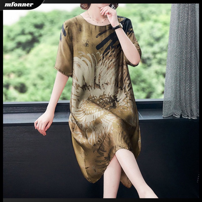 Đầm Midi Tay Ngắn Cổ Tròn Bằng Lụa Lạnh In Họa Tiết Plus Size Cho Nữ