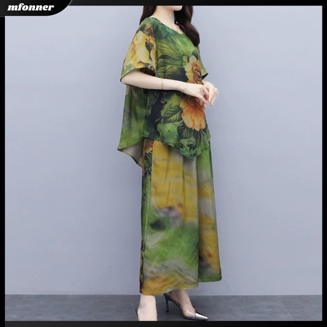 Set Đồ Mùa Hè 2 Món Gồm Áo Thun Dáng Rộng Và Quần ống rộng In Họa Tiết Cho Nữ