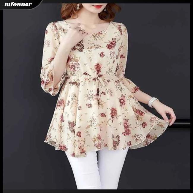 Áo Nữ Tay Ngắn Cổ Tròn Dáng Rộng In Hoa Thời Trang