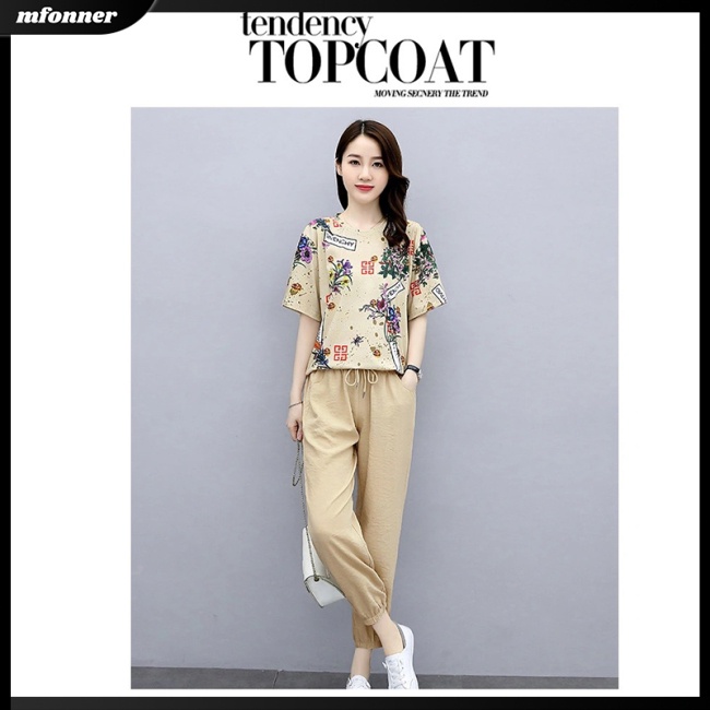 Set Đồ Thời Trang 2 Món Áo Thun Phối Quần Dài In Họa Tiết Thời Trang Xinh Xắn Cho Nữ