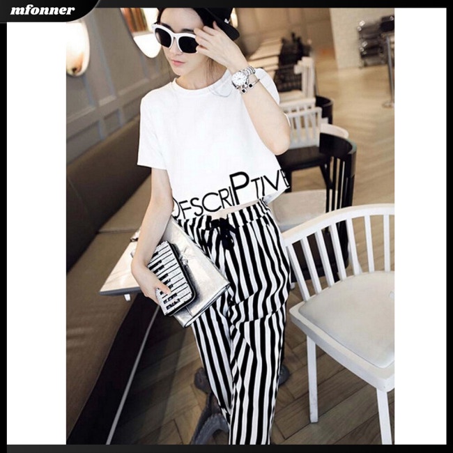 Set Áo Sơ Mi Ngắn Tay In Họa Tiết + Quần Dài Kẻ Sọc Thời Trang Mùa Hè Cho Nữ