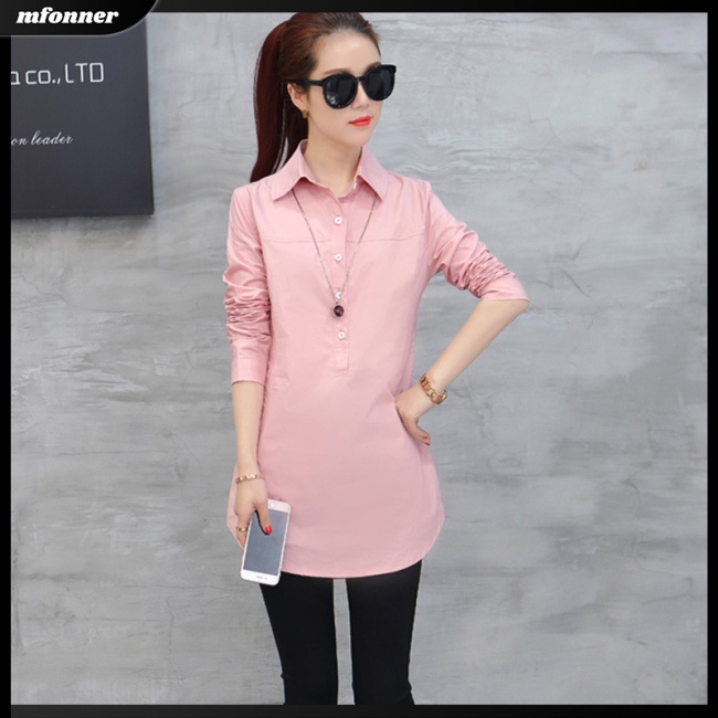 Áo Sơ Mi Tay Dài Dáng Rộng Màu Sắc Đơn Giản Thanh Lịch Cho Nữ