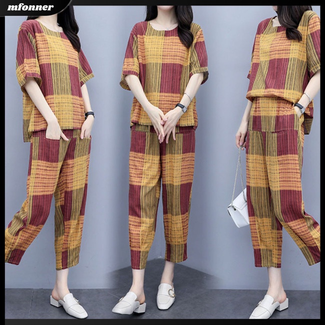 Set Đồ Mùa Hè 2 Món Gồm Áo Thun Tay Cộc + Quần Dài Thẳng Kẻ Sọc Cho Nữ