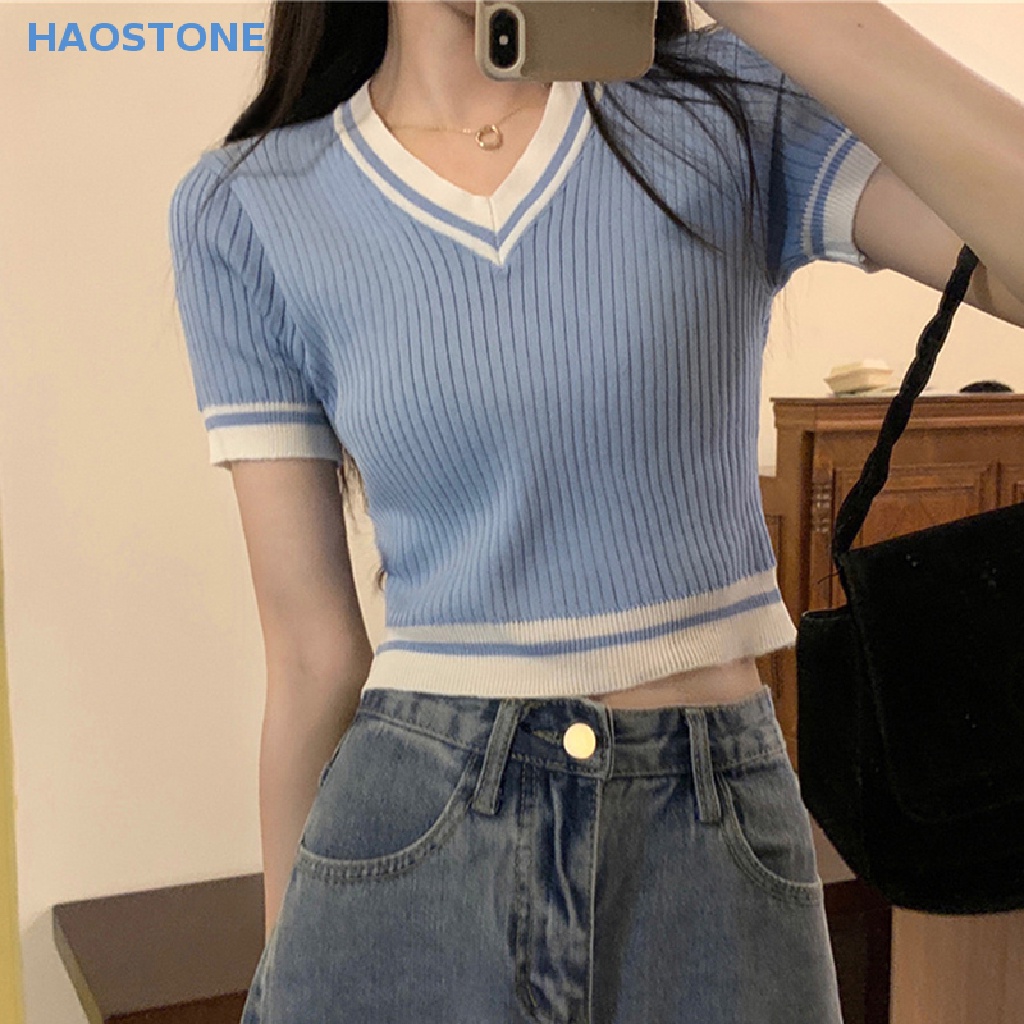 Áo Crop Top Dệt Kim Tay Ngắn Cổ Chữ V Dáng Ôm Cho Nữ